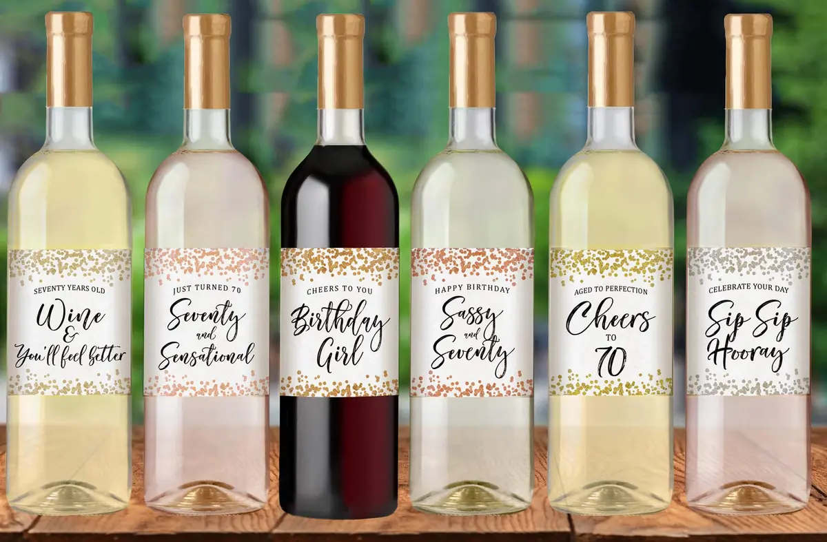 Printed Party 70th Birthday Wine Bottle Labels, Confetti Design, Set of 6 - view 5