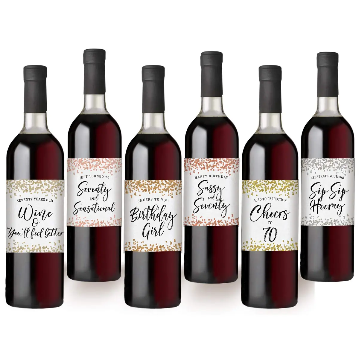 Printed Party 70th Birthday Wine Bottle Labels, Confetti Design, Set of 6 - view 6