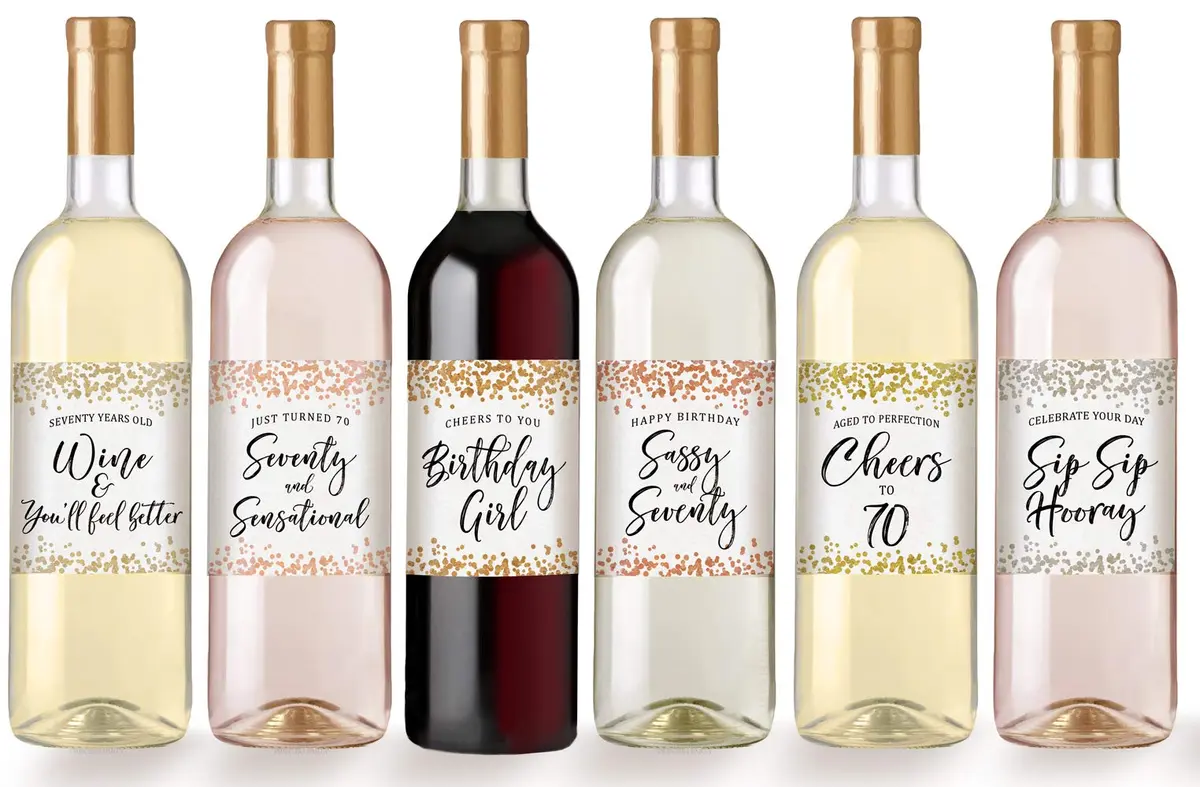 Printed Party 70th Birthday Wine Bottle Labels, Confetti Design, Set of 6 - view 2