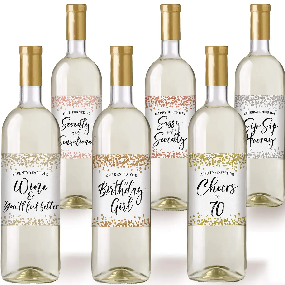 Printed Party 70th Birthday Wine Bottle Labels, Confetti Design, Set of 6 - view 4