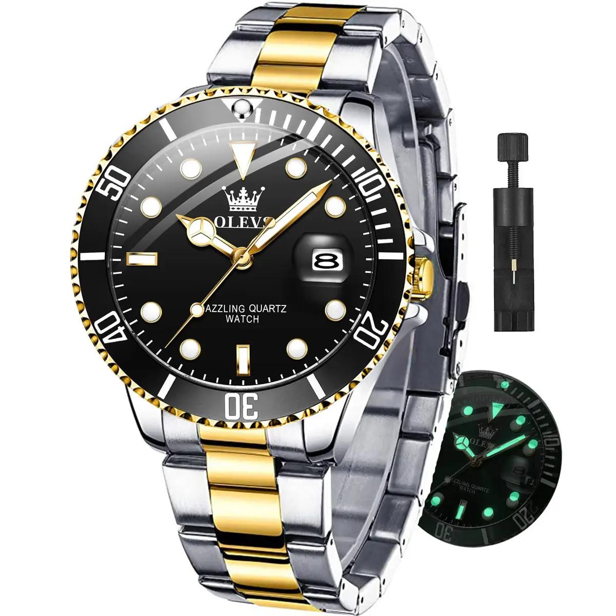 OLEVS Gold Black Stainless Steel Men Watch Big Face Waterproof Dress Date | Classic Quartz Movement, 41mm Dial, Water Resistant - main product image
