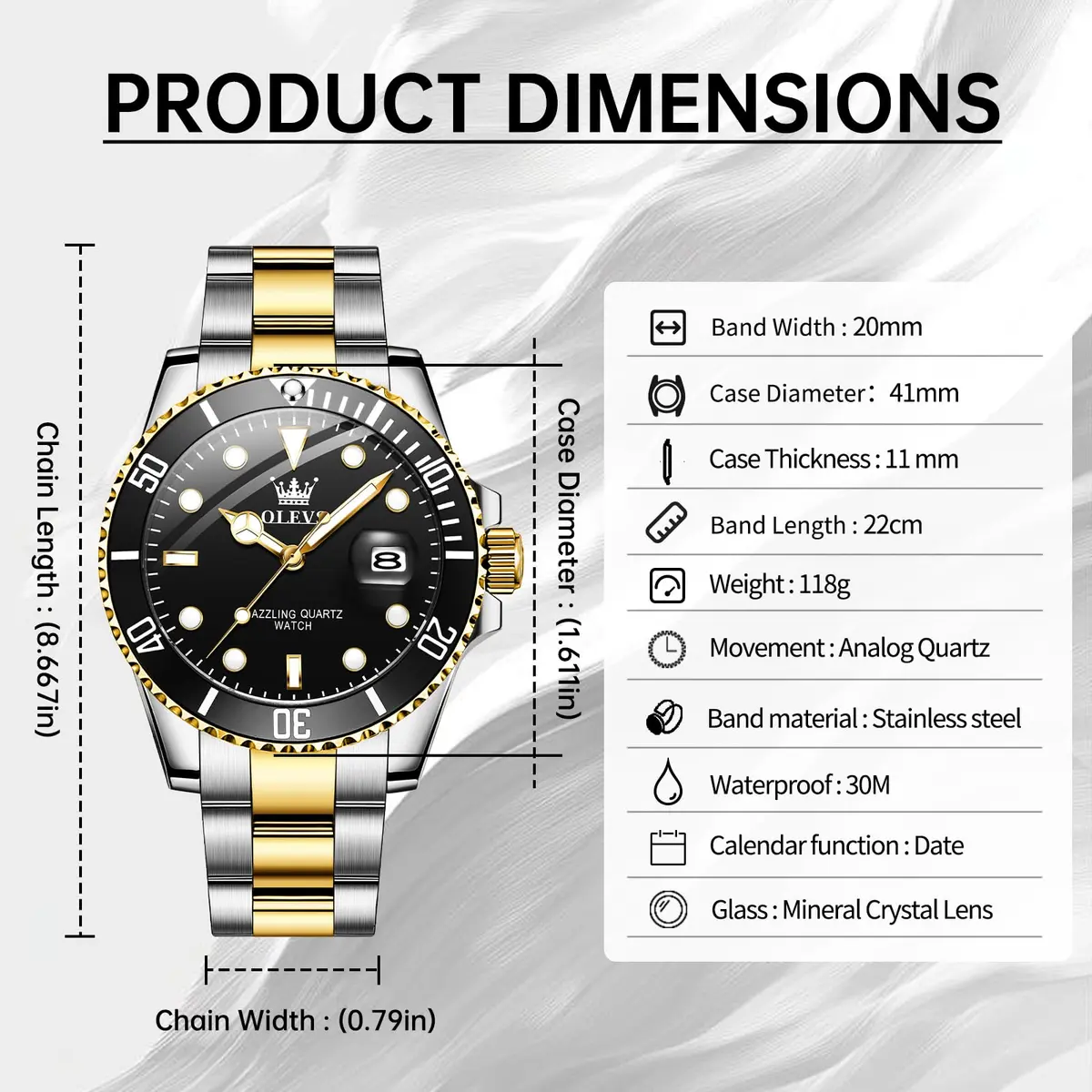 OLEVS Gold Black Stainless Steel Men Watch Big Face Waterproof Dress Date | Classic Quartz Movement, 41mm Dial, Water Resistant - view 6