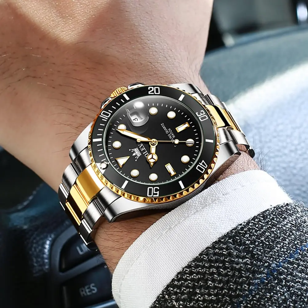 OLEVS Gold Black Stainless Steel Men Watch Big Face Waterproof Dress Date | Classic Quartz Movement, 41mm Dial, Water Resistant - view 7