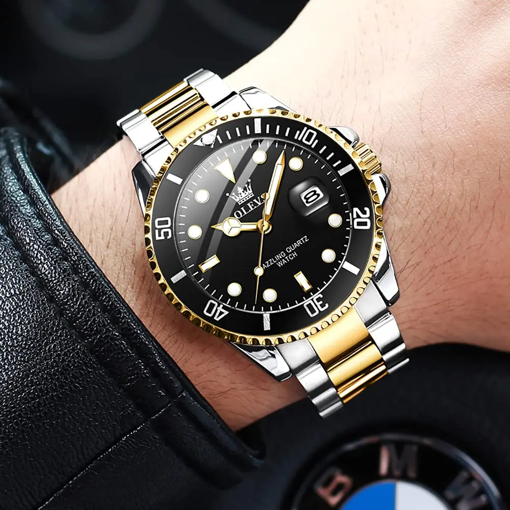 OLEVS Gold Black Stainless Steel Men Watch Big Face Waterproof Dress Date | Classic Quartz Movement, 41mm Dial, Water Resistant - view 2