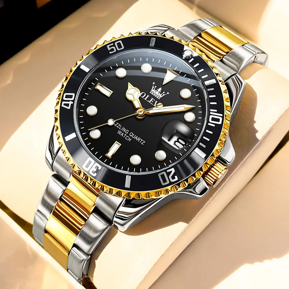OLEVS Gold Black Stainless Steel Men Watch Big Face Waterproof Dress Date | Classic Quartz Movement, 41mm Dial, Water Resistant - view 3