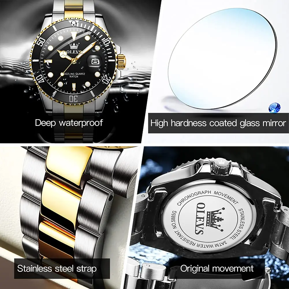 OLEVS Gold Black Stainless Steel Men Watch Big Face Waterproof Dress Date | Classic Quartz Movement, 41mm Dial, Water Resistant - view 4