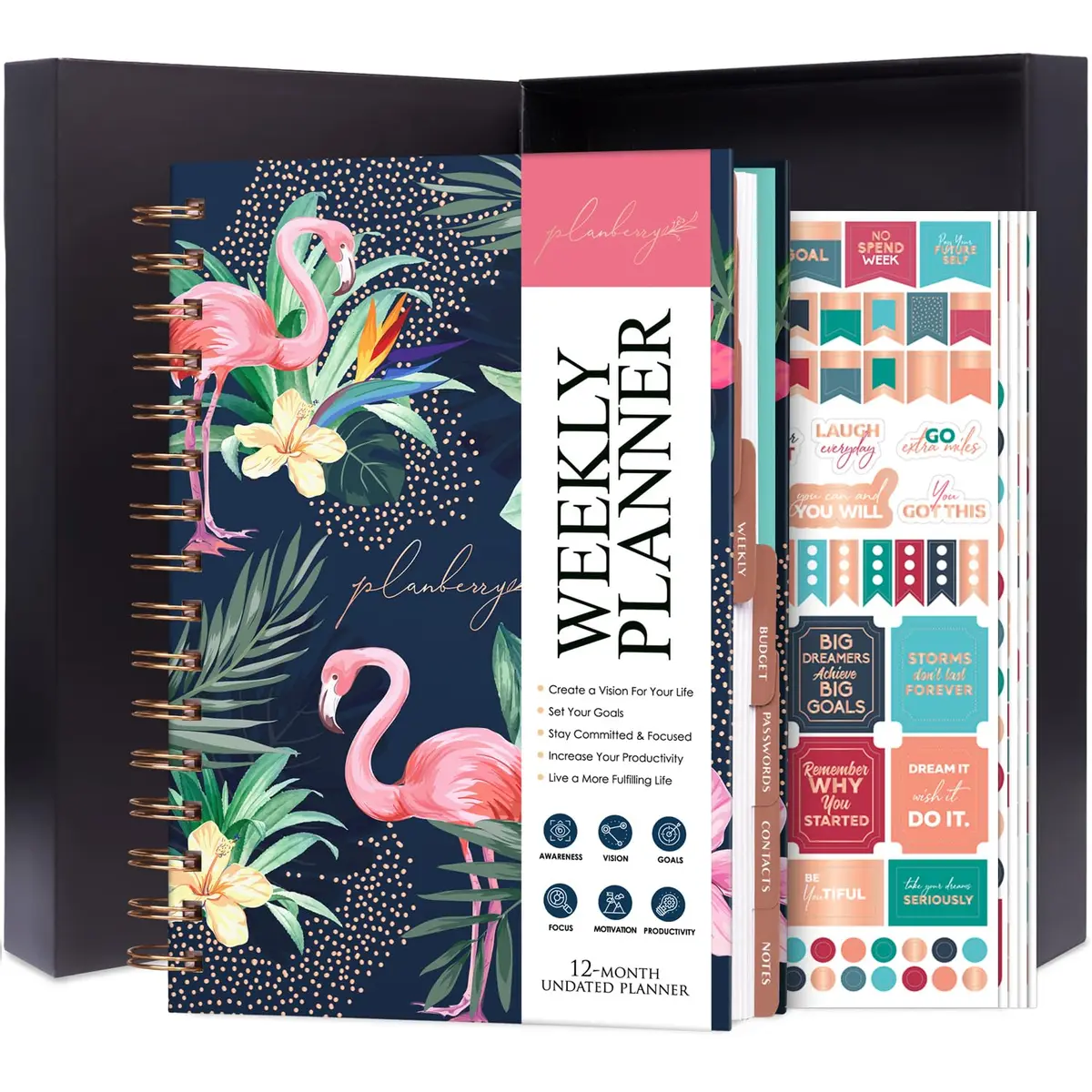 PLANBERRY Weekly Planner Premium, Undated, Goals, Budget, Rose Flamingo | 120 pages, A5 size, undated, premium design - main product image