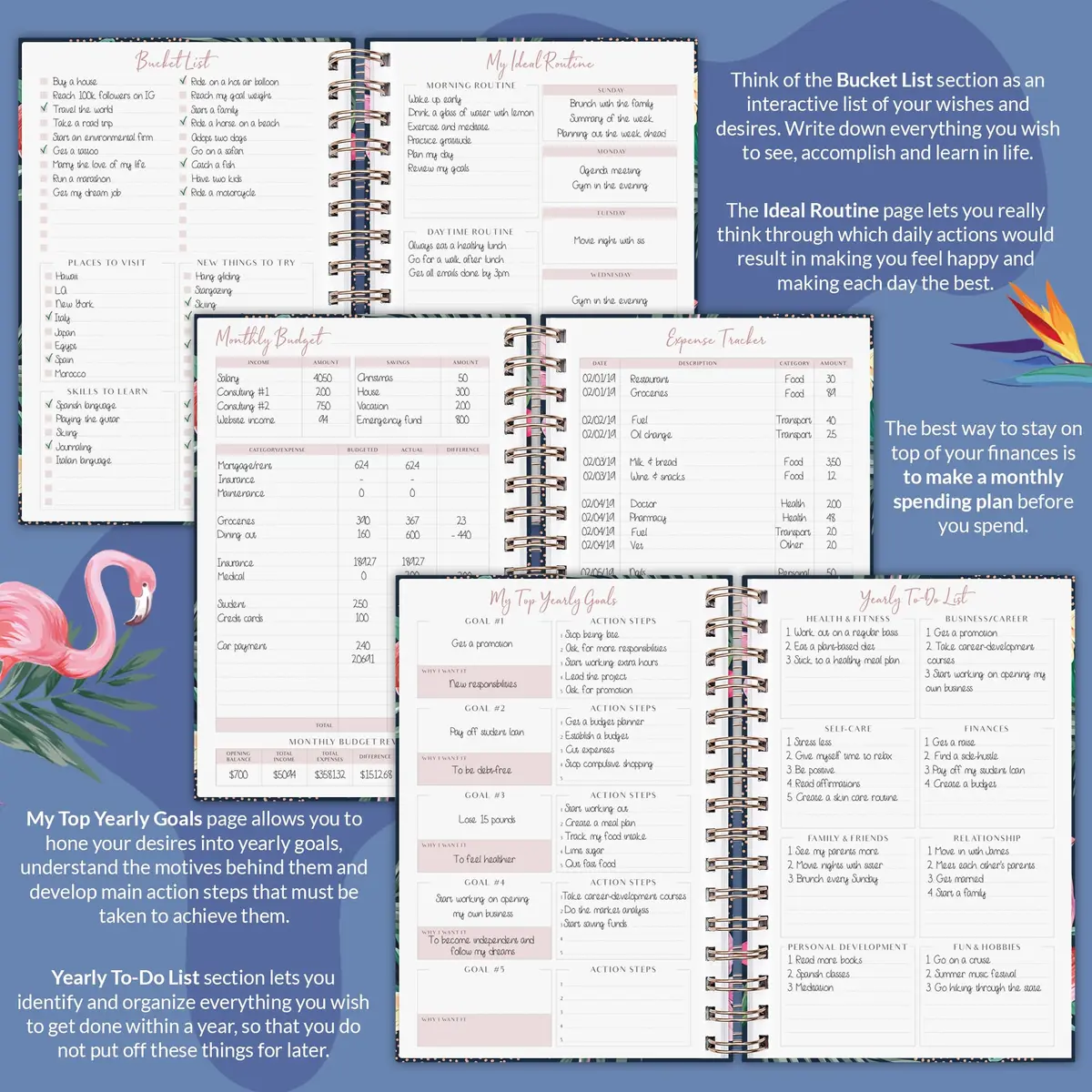 PLANBERRY Weekly Planner Premium, Undated, Goals, Budget, Rose Flamingo | 120 pages, A5 size, undated, premium design - view 5