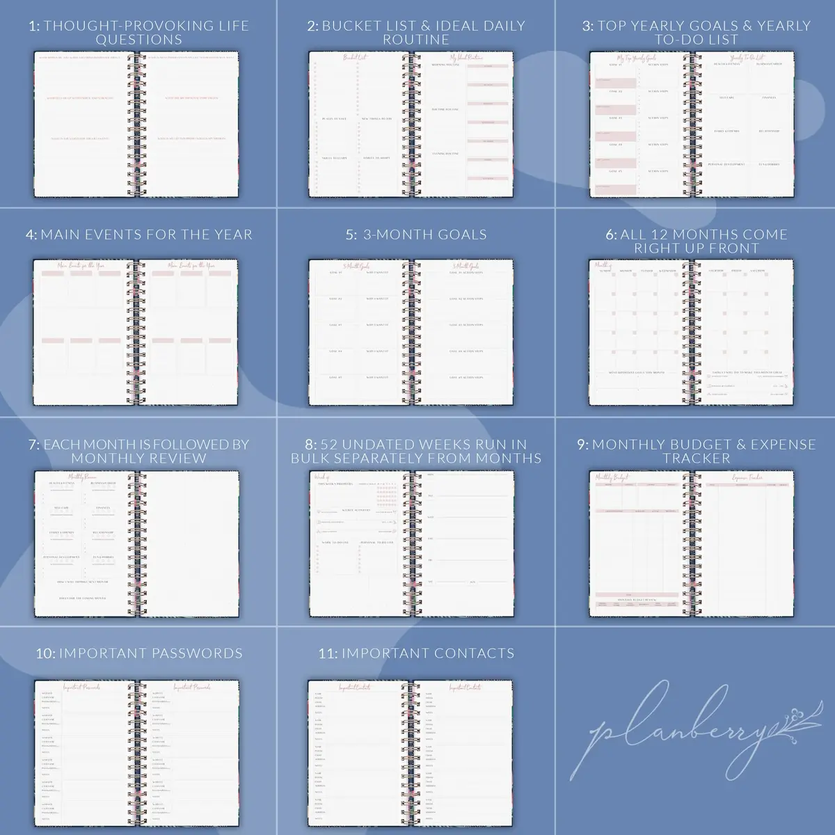 PLANBERRY Weekly Planner Premium, Undated, Goals, Budget, Rose Flamingo | 120 pages, A5 size, undated, premium design - view 6