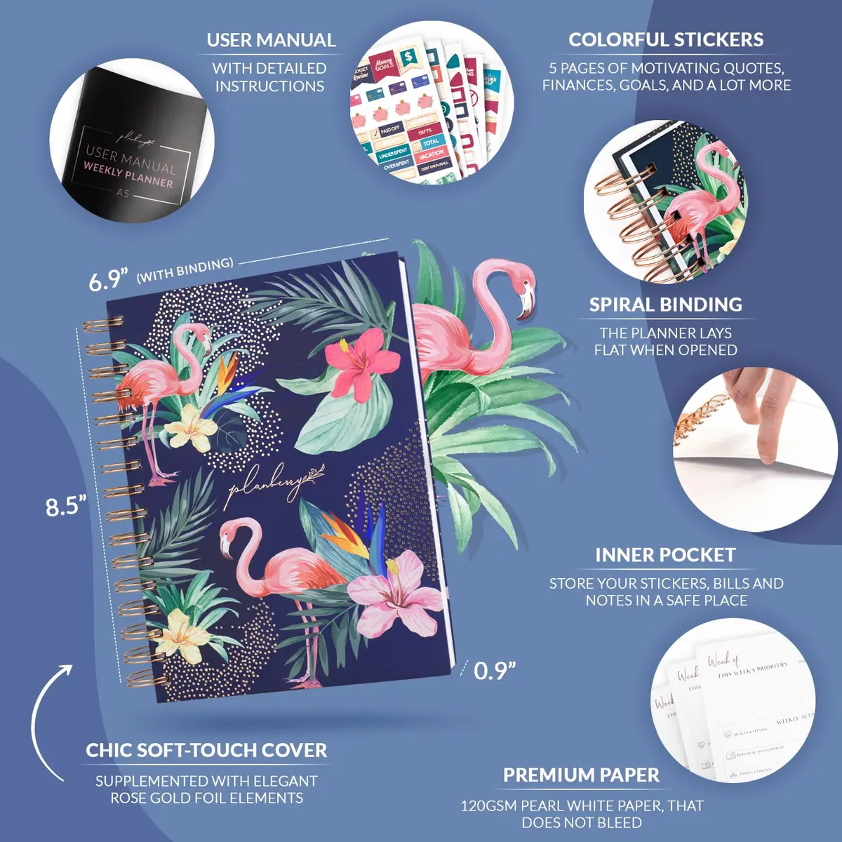 PLANBERRY Weekly Planner Premium, Undated, Goals, Budget, Rose Flamingo | 120 pages, A5 size, undated, premium design - view 2