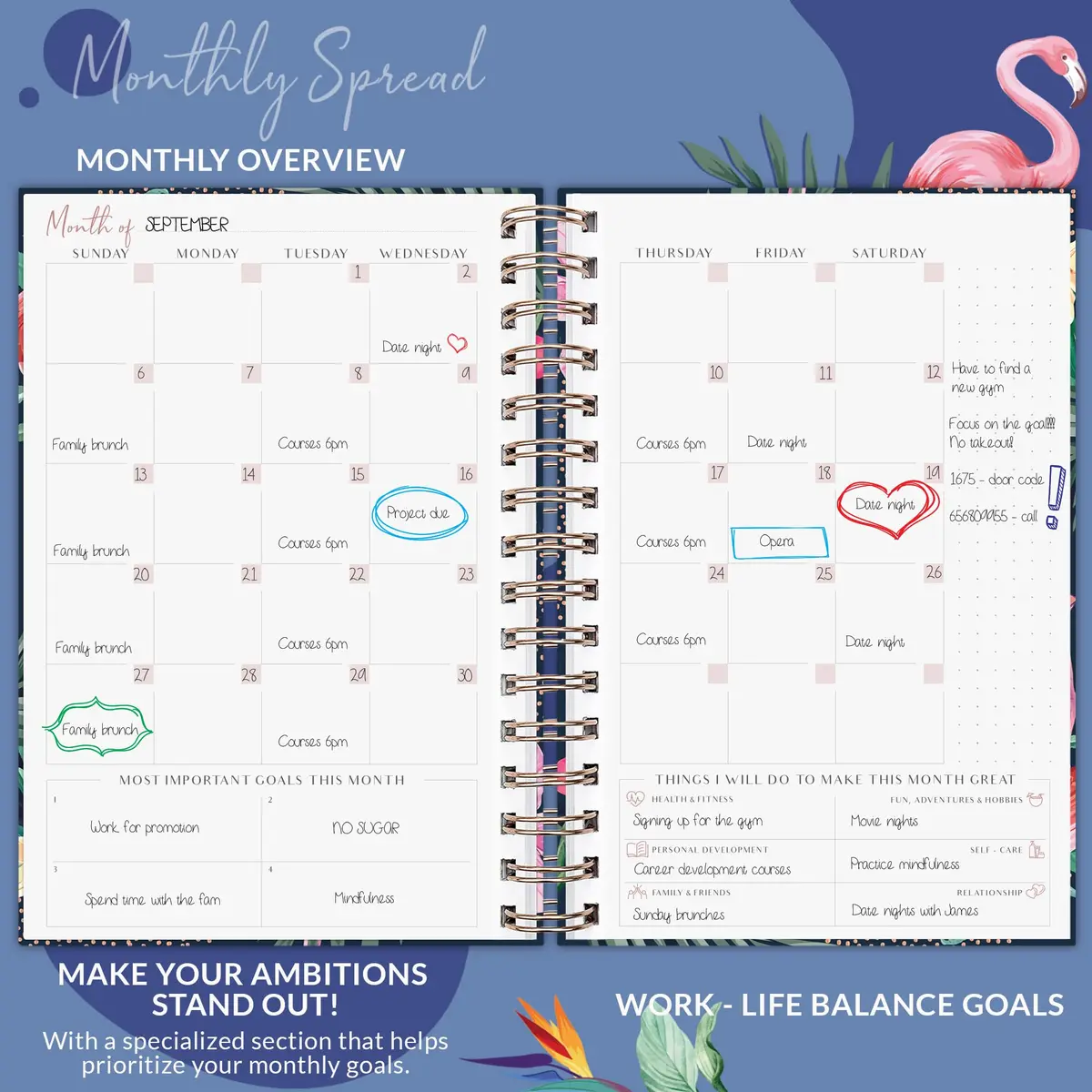 PLANBERRY Weekly Planner Premium, Undated, Goals, Budget, Rose Flamingo | 120 pages, A5 size, undated, premium design - view 3