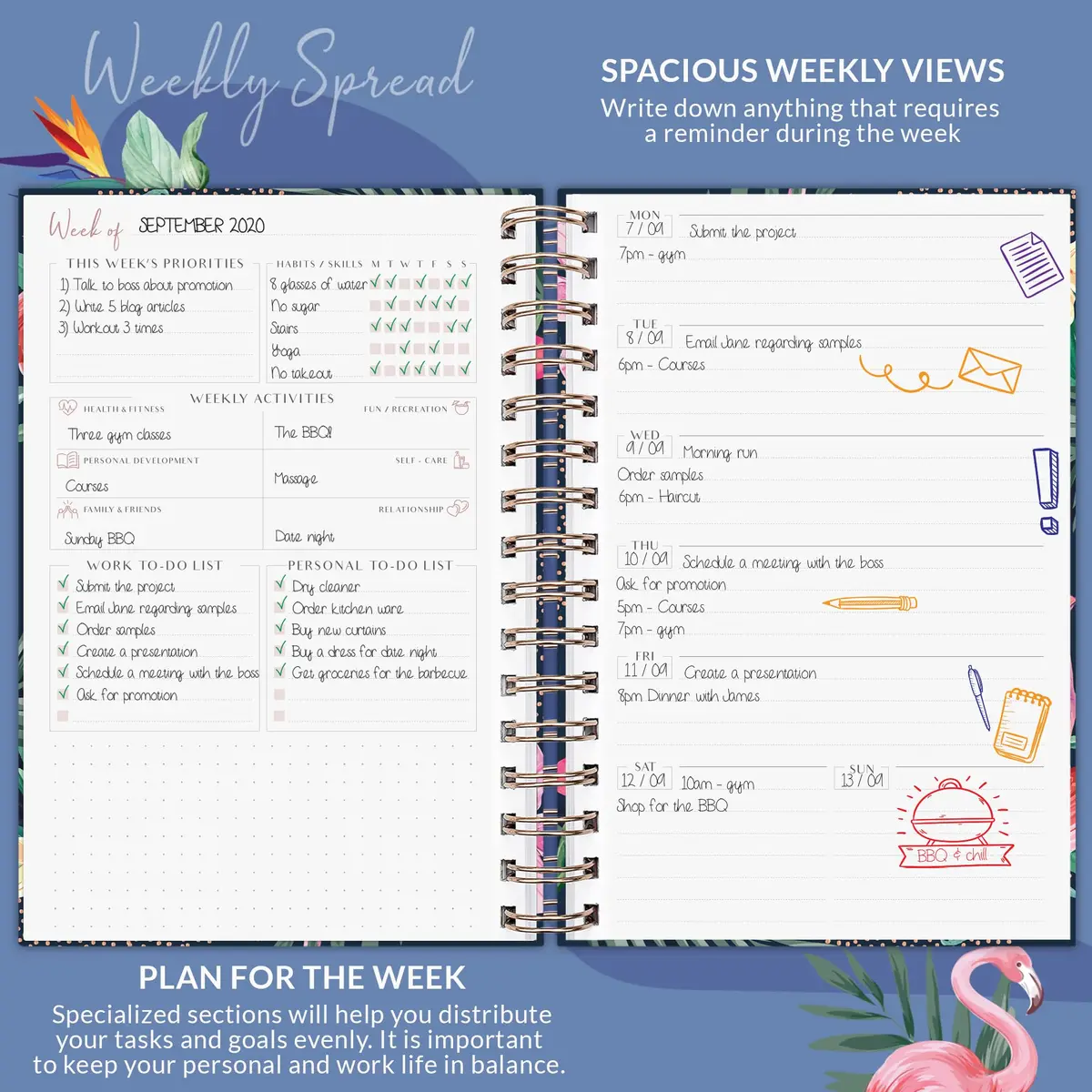 PLANBERRY Weekly Planner Premium, Undated, Goals, Budget, Rose Flamingo | 120 pages, A5 size, undated, premium design - view 4