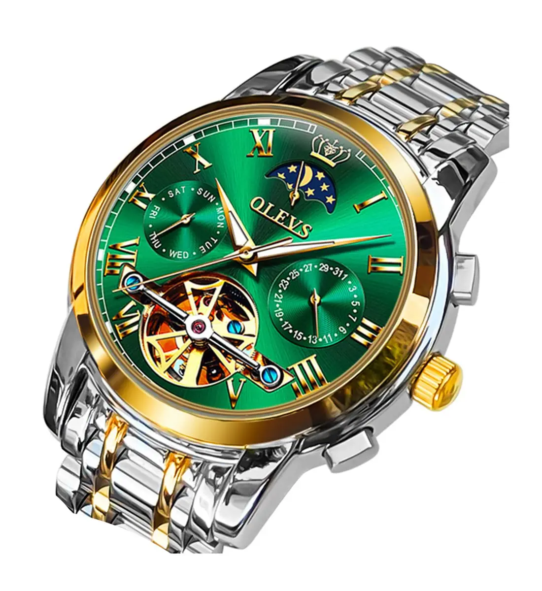 OLEVS Automatic Mechanical Watch 42mm (1.65 in) Green Skeleton Moon Phase Stainless Steel | Luxury Dress Business Luminous - main product image