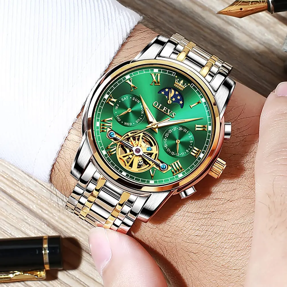 OLEVS Automatic Mechanical Watch 42mm (1.65 in) Green Skeleton Moon Phase Stainless Steel | Luxury Dress Business Luminous - view 5