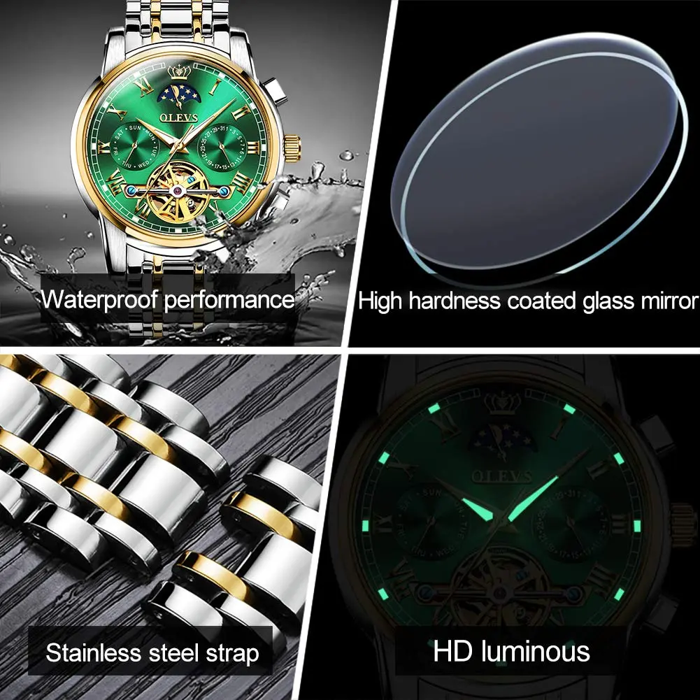 OLEVS Automatic Mechanical Watch 42mm (1.65 in) Green Skeleton Moon Phase Stainless Steel | Luxury Dress Business Luminous - view 6