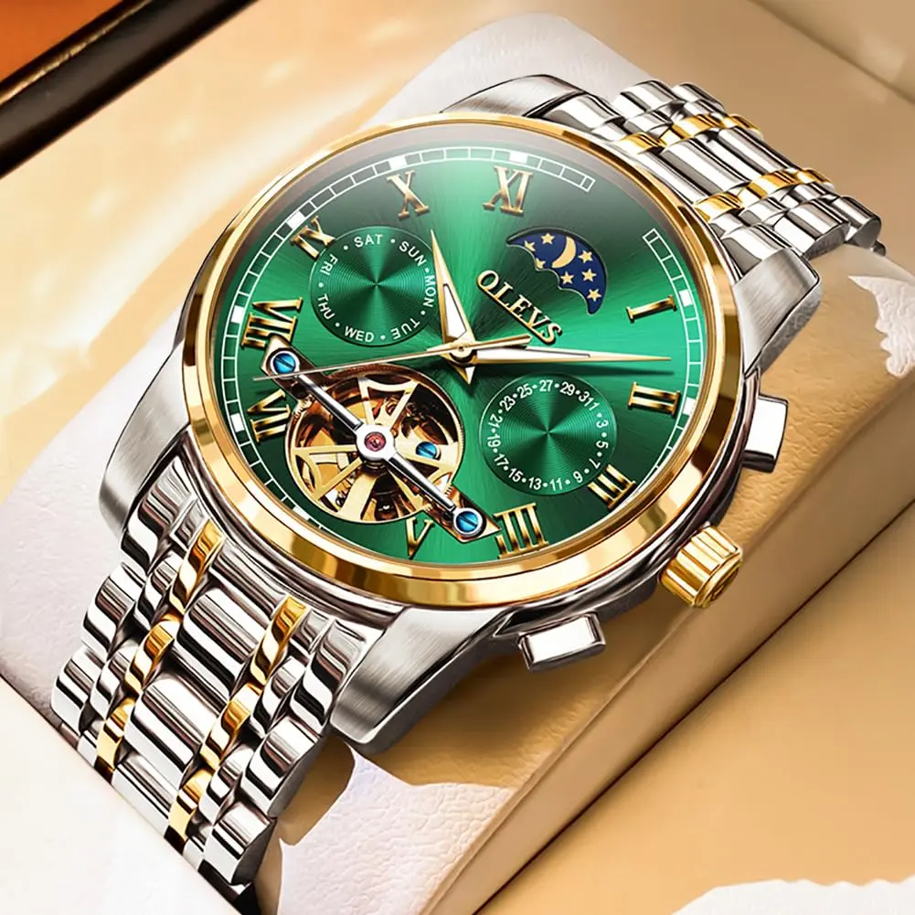 OLEVS Automatic Mechanical Watch 42mm (1.65 in) Green Skeleton Moon Phase Stainless Steel | Luxury Dress Business Luminous - view 2