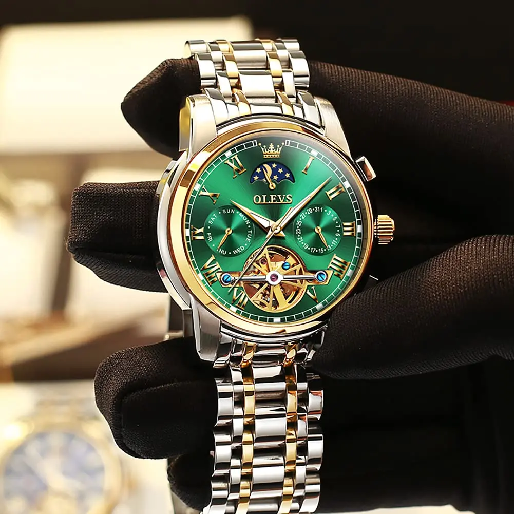 OLEVS Automatic Mechanical Watch 42mm (1.65 in) Green Skeleton Moon Phase Stainless Steel | Luxury Dress Business Luminous - view 3