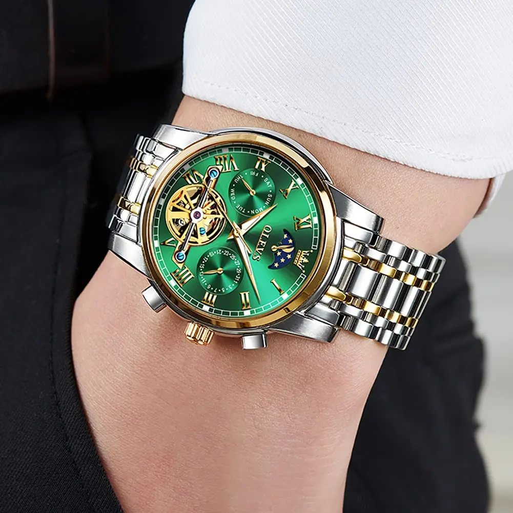 OLEVS Automatic Mechanical Watch 42mm (1.65 in) Green Skeleton Moon Phase Stainless Steel | Luxury Dress Business Luminous - view 4