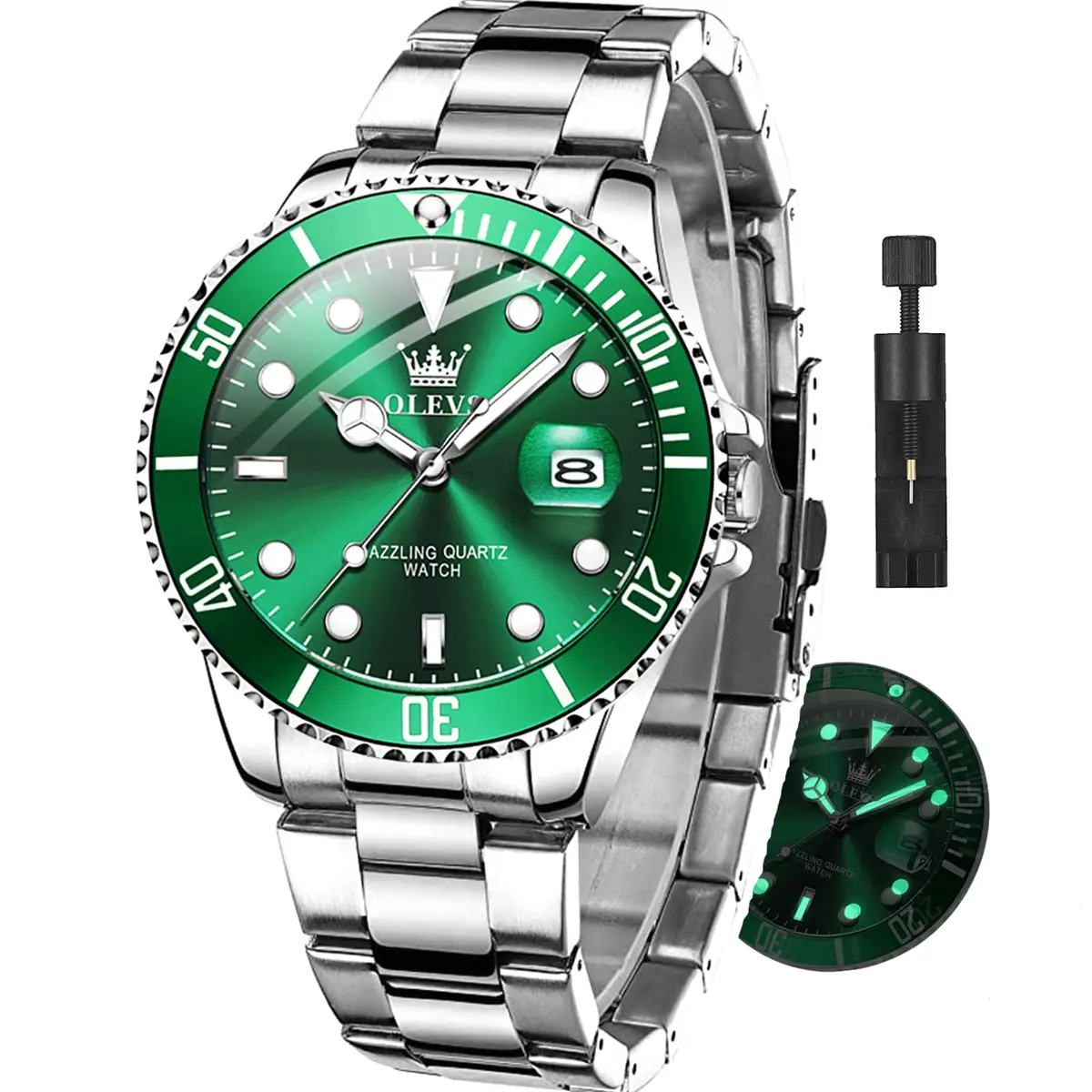 OLEVS Green Men’s Watch Stainless Steel Waterproof Date Dress 41mm | Luxury Quartz Movement - main product image