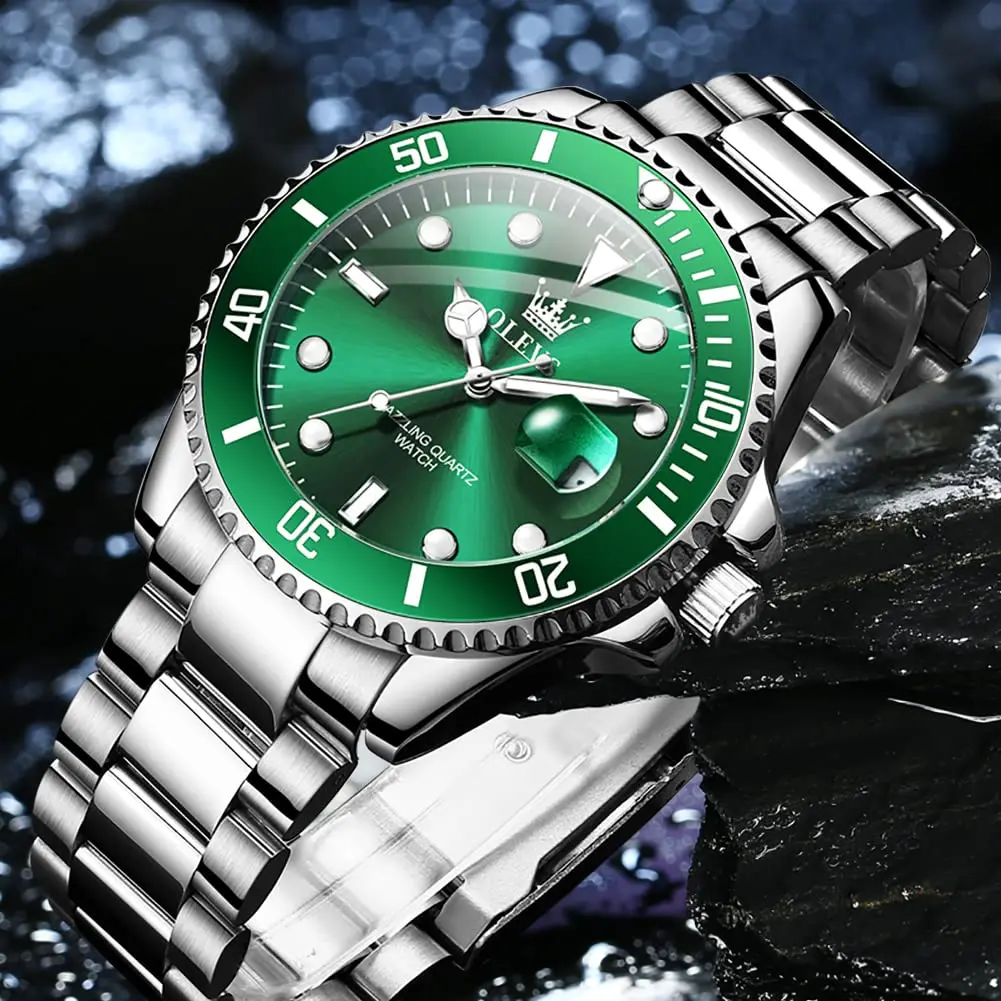 OLEVS Green Men’s Watch Stainless Steel Waterproof Date Dress 41mm | Luxury Quartz Movement - view 5