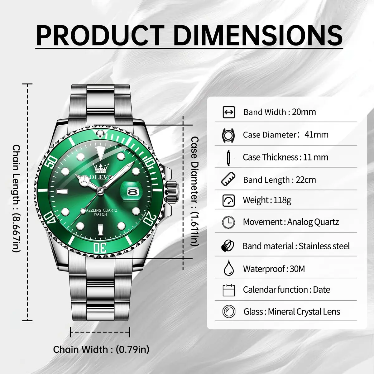 OLEVS Green Men’s Watch Stainless Steel Waterproof Date Dress 41mm | Luxury Quartz Movement - view 6
