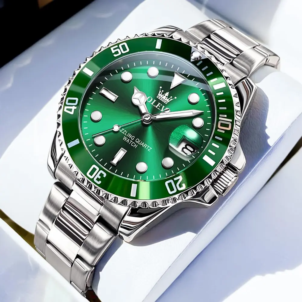 OLEVS Green Men’s Watch Stainless Steel Waterproof Date Dress 41mm | Luxury Quartz Movement - view 3