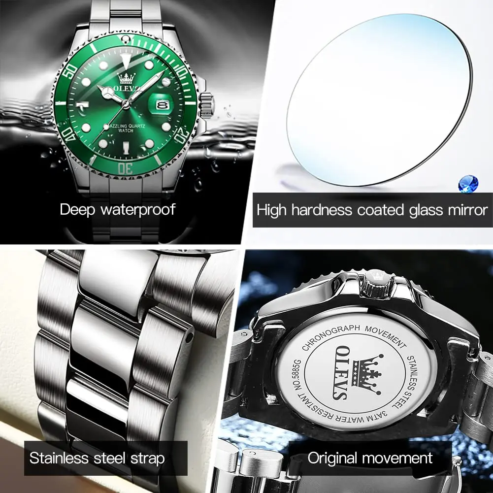 OLEVS Green Men’s Watch Stainless Steel Waterproof Date Dress 41mm | Luxury Quartz Movement - view 4
