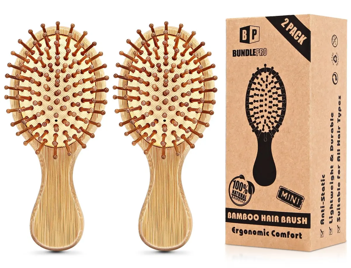 BUNDLEPRO Natural Bamboo Mini Hair Brush 2 Pack | Gentle Massage for All Hair Types - main product image