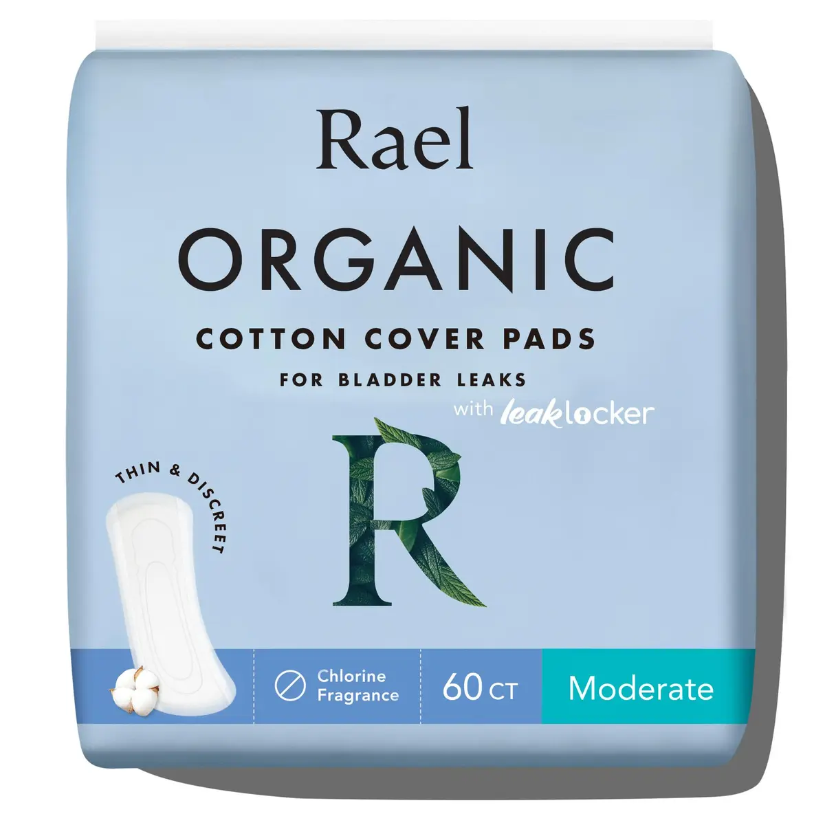 Rael Incontinence Pads for Women Organic Cotton Cover Moderate 60 Count | 3x More Absorbent Than Period Pads - main product image