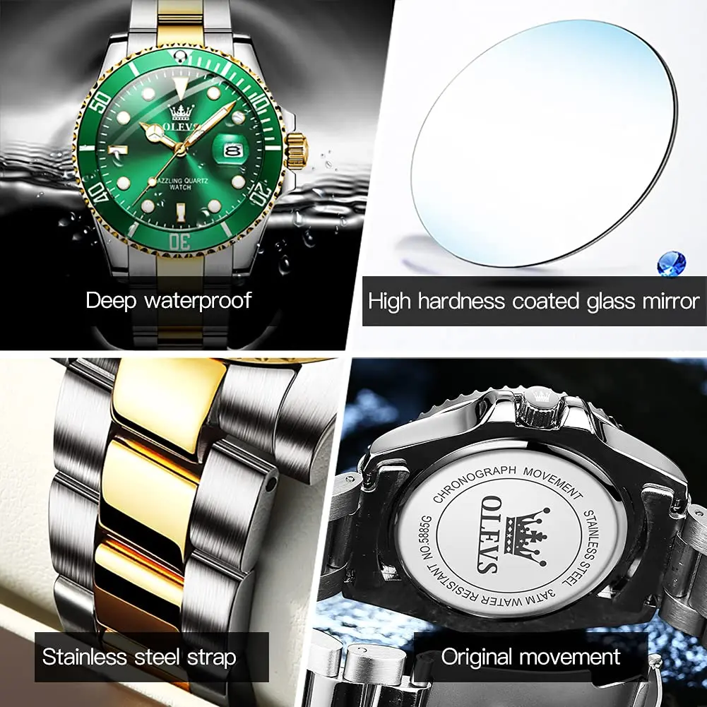 OLEVS Gold and Green Men’s Watch, Stainless Steel, Waterproof, 41mm Dial, Date Function - view 4