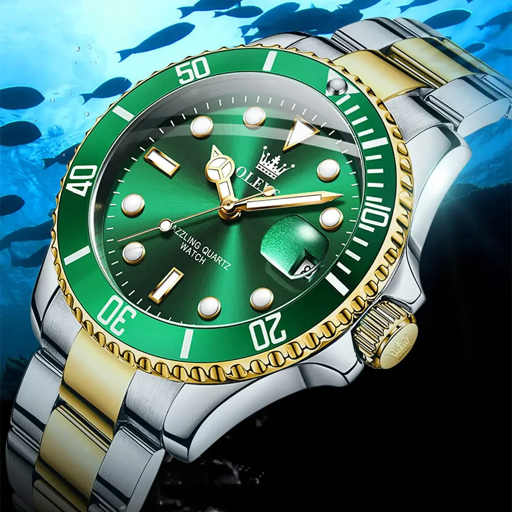 OLEVS Gold and Green Men’s Watch, Stainless Steel, Waterproof, 41mm Dial, Date Function - view 5