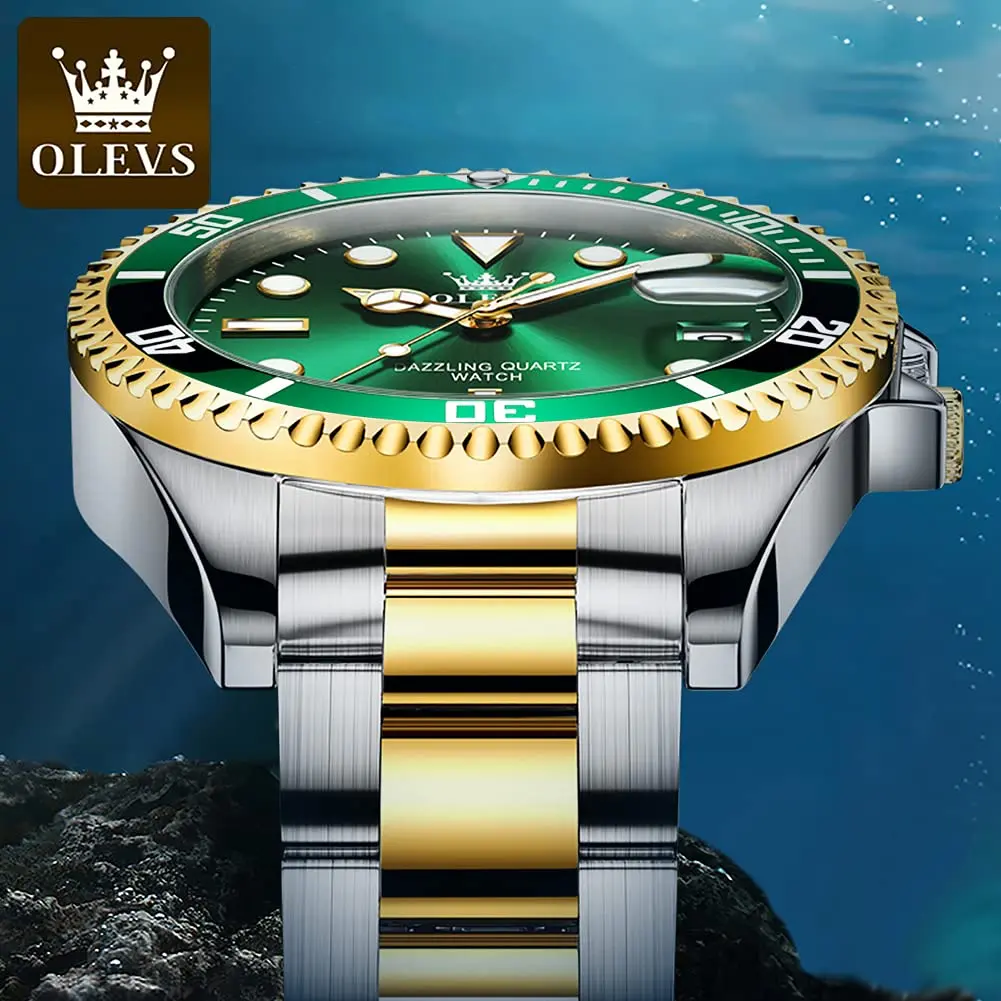 OLEVS Gold and Green Men’s Watch, Stainless Steel, Waterproof, 41mm Dial, Date Function - view 8