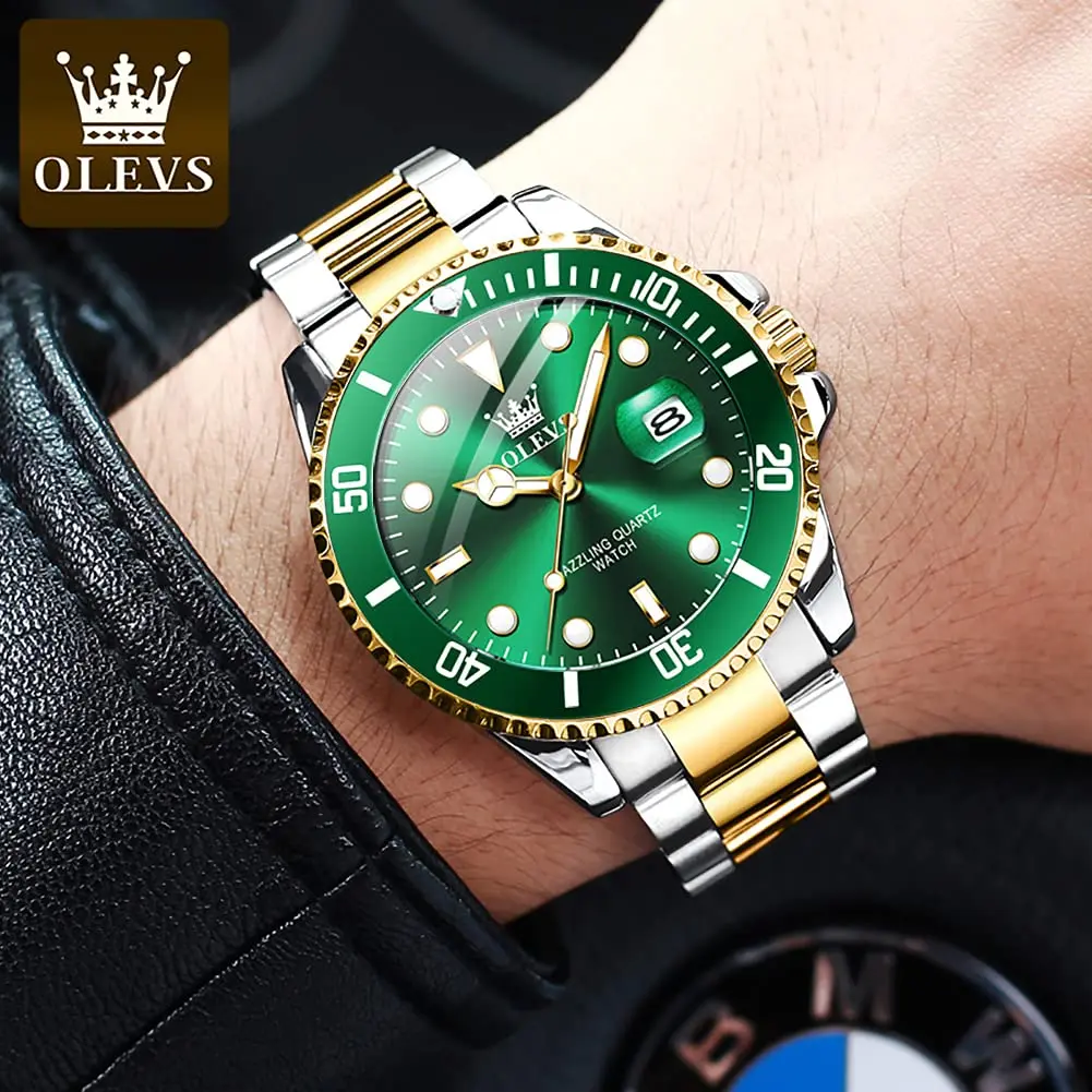 OLEVS Gold and Green Men’s Watch, Stainless Steel, Waterproof, 41mm Dial, Date Function - view 2