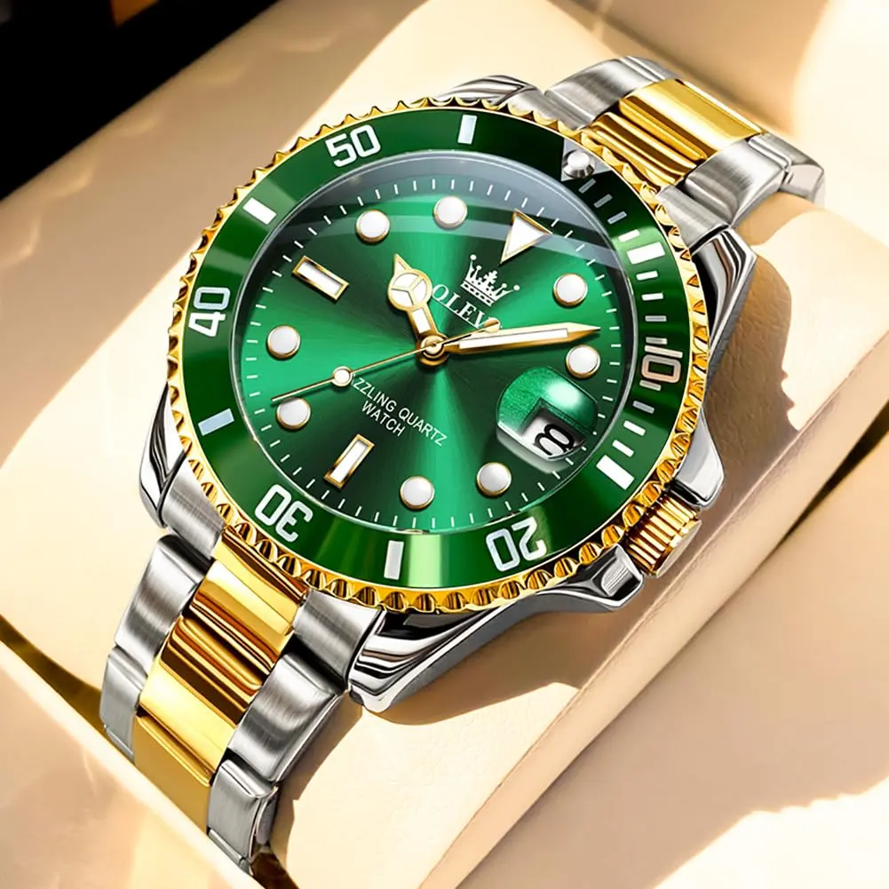 OLEVS Gold and Green Men’s Watch, Stainless Steel, Waterproof, 41mm Dial, Date Function - view 3