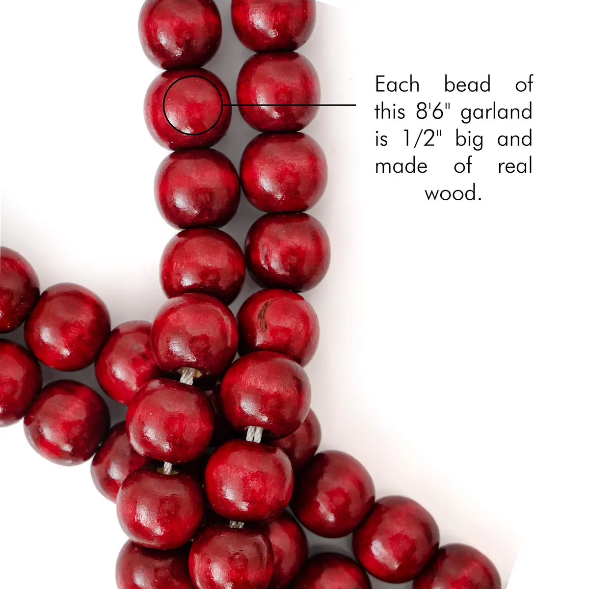 Ornativity Wooden Christmas Tree Bead Garland - Cranberry Red Wood Holiday Decor 8'6" | Vintage Country Farmhouse Style - view 5