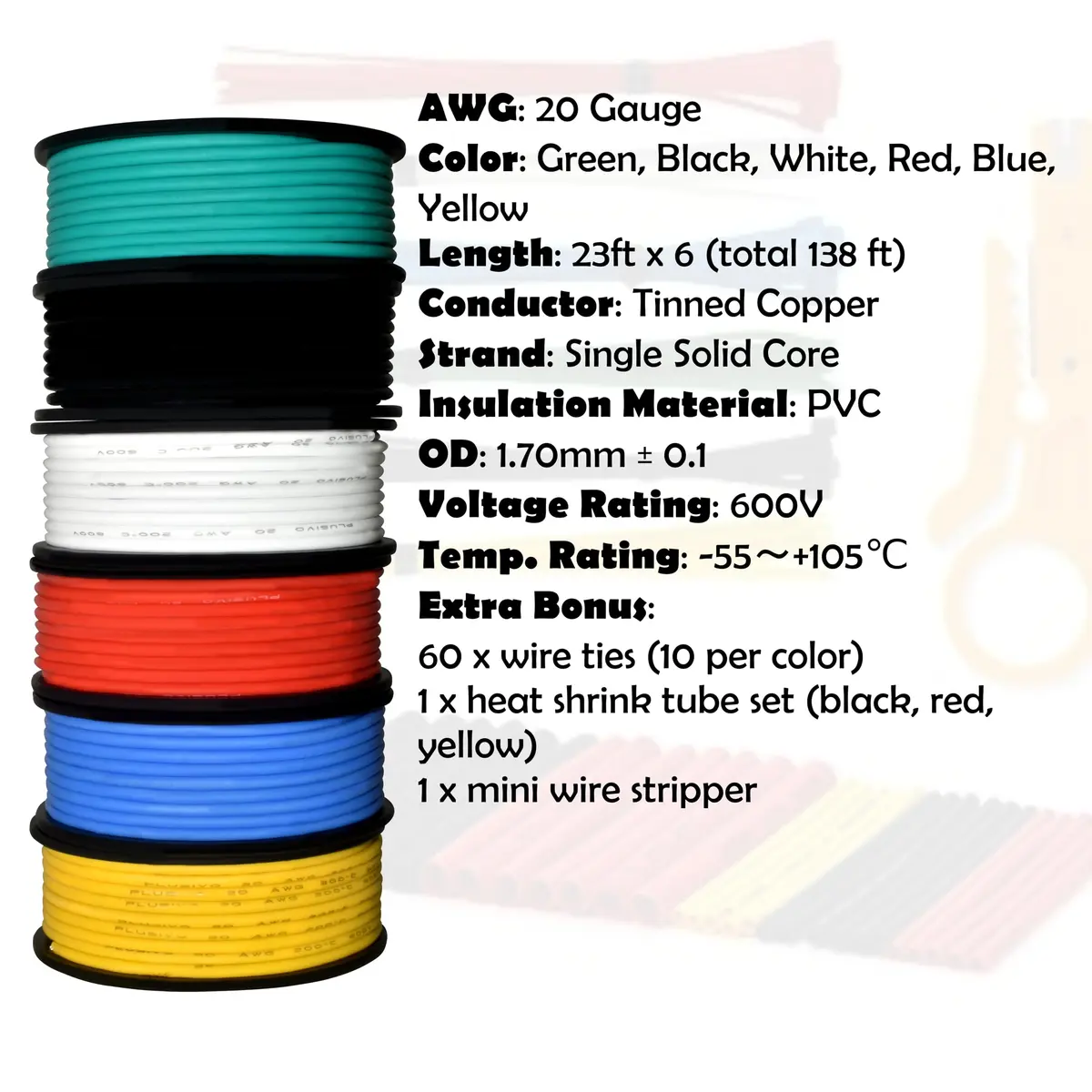Plusivo 20 AWG Solid Core Wire Kit – 6 Colors, 23ft Each Spool | 600V PVC Coated Tinned Copper for Electronics - view 2