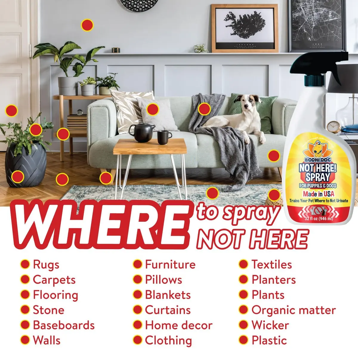 Bodhi Dog Not Here! Spray - Trains Your Pet Where Not to Pee Indoors or Outdoors - Anti Marking Deterrent for Furniture, Carpet & Floor - Training Corrector for Puppies & Dogs - Made in USA (32 Fl Oz) - view 4