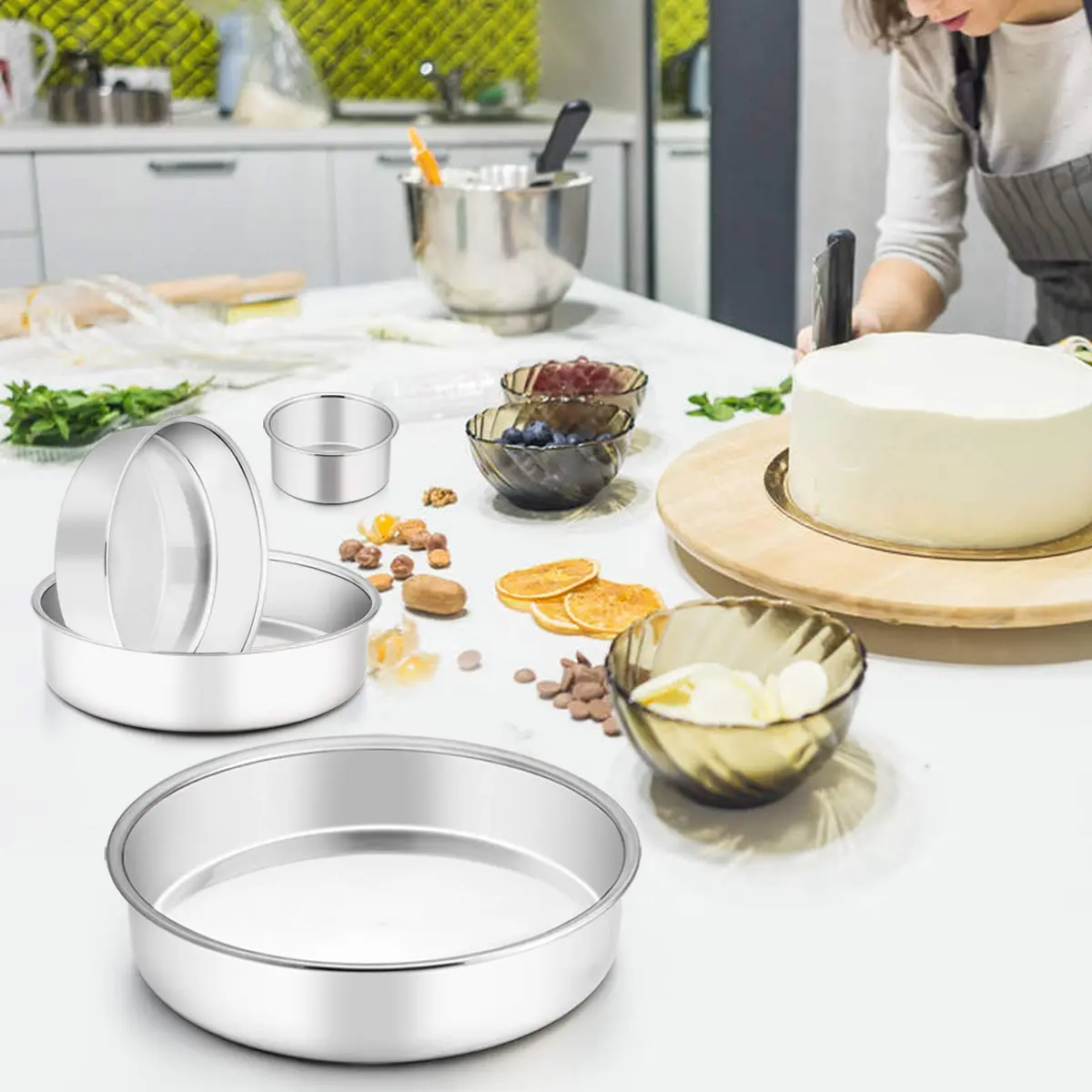 TeamFar Cake Pan Set of 4 - Stainless Steel Round Baking Pans for Layer Cake & Pie, 4'' & 6'' & 8'' & 9½'' | Heavy Duty & Rust Free - view 5