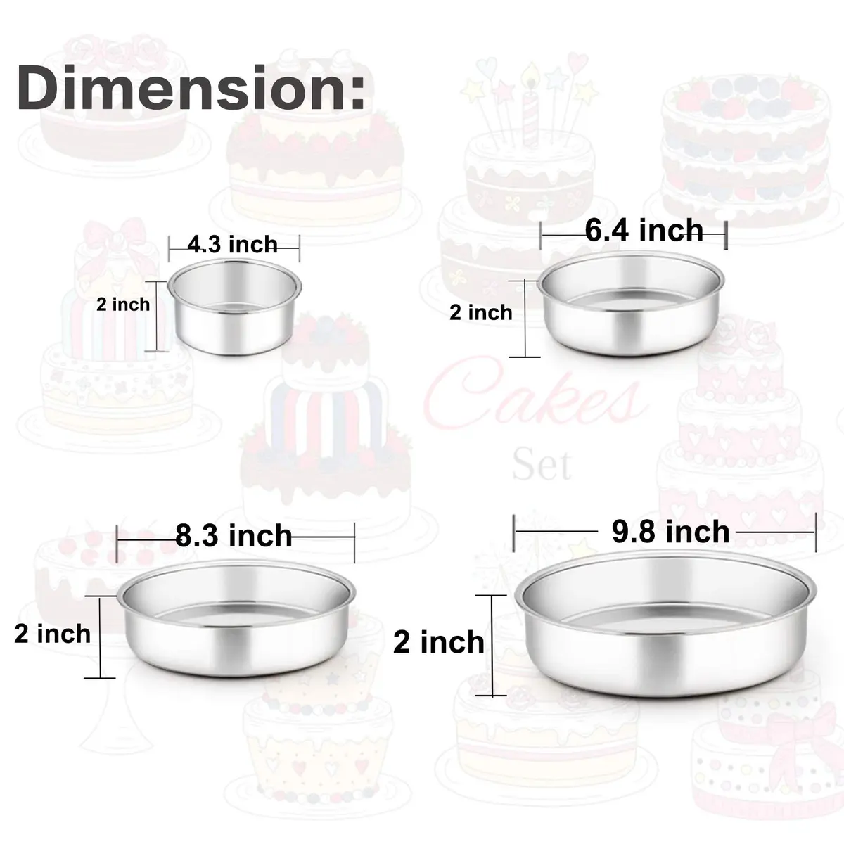 TeamFar Cake Pan Set of 4 - Stainless Steel Round Baking Pans for Layer Cake & Pie, 4'' & 6'' & 8'' & 9½'' | Heavy Duty & Rust Free - view 2