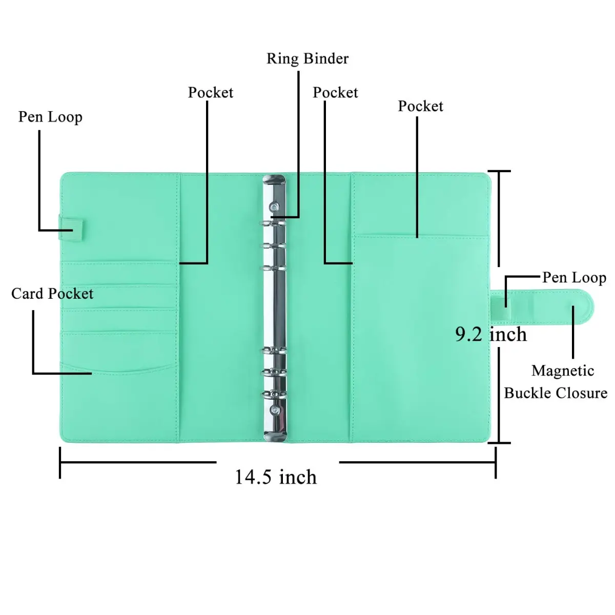 Antner A5 Binder 6 Ring Refillable Budget Planner Cover with Magnetic Buckle, PU Leather Loose Leaf Photocard Holder, Light Green (23.37 cm x 17.53 cm) - view 2