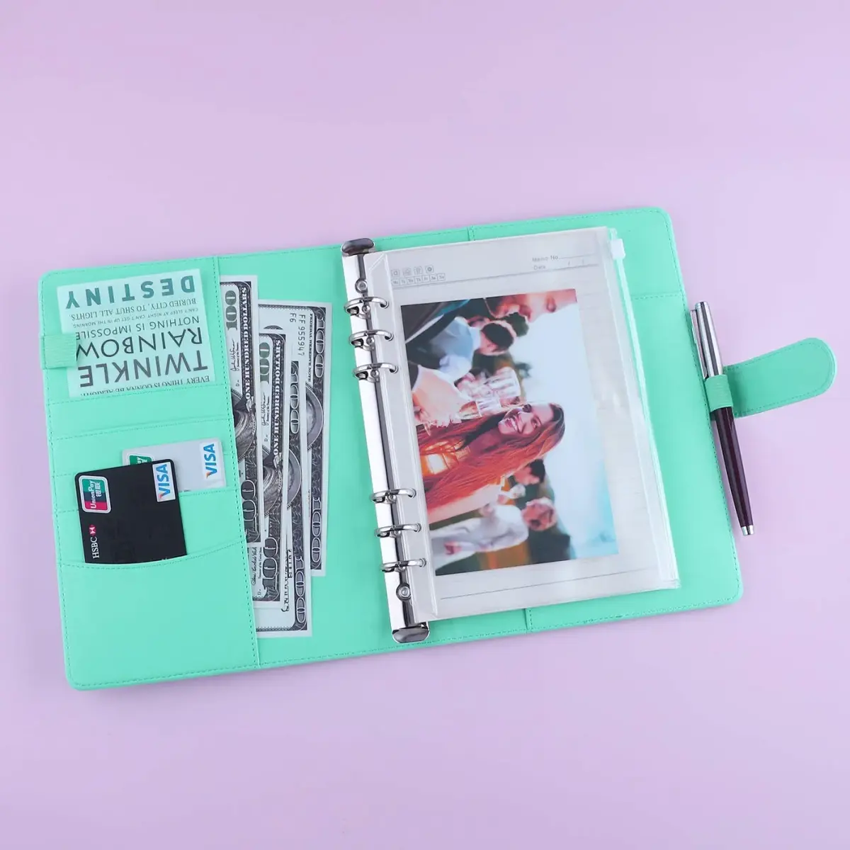 Antner A5 Binder 6 Ring Refillable Budget Planner Cover with Magnetic Buckle, PU Leather Loose Leaf Photocard Holder, Light Green (23.37 cm x 17.53 cm) - view 3