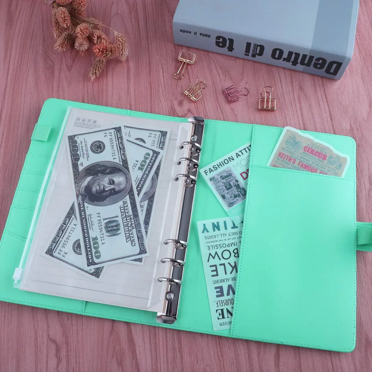 Antner A5 Binder 6 Ring Refillable Budget Planner Cover with Magnetic Buckle, PU Leather Loose Leaf Photocard Holder, Light Green (23.37 cm x 17.53 cm) - view 4