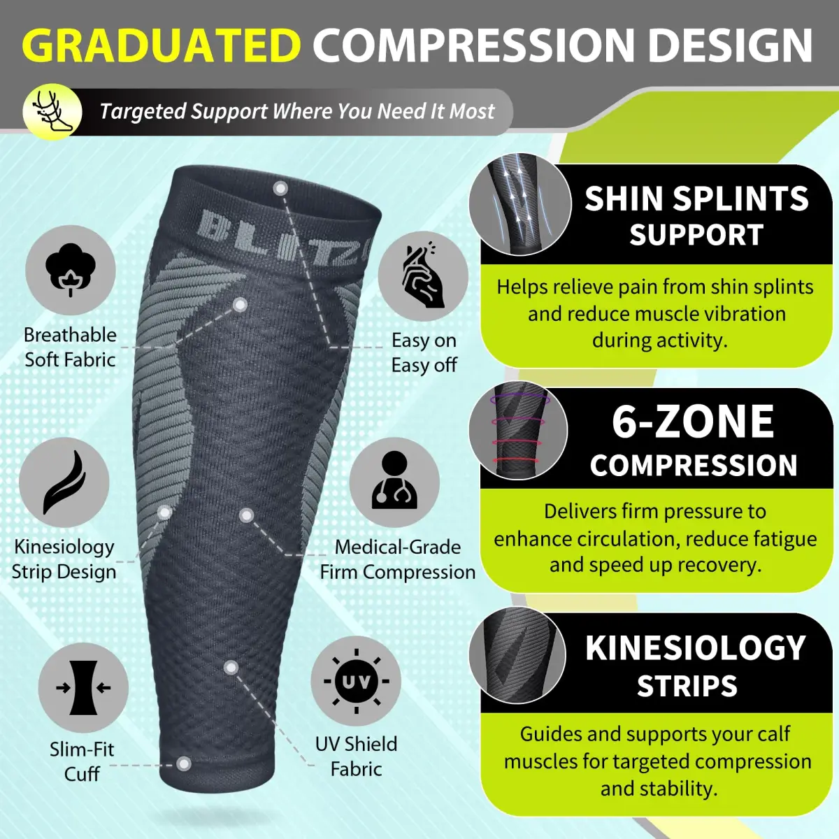 BLITZU Calf Compression Sleeves Gray XX-Large | FDA Approved Orthopedic Brace for Shin Splints & Varicose Veins - view 3