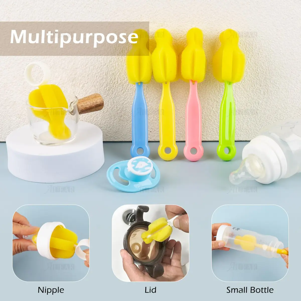 AUEAR Milk Bottle Nipple Brushes Pacifier Sponge Cleaning Set (10 Pcs) | BPA-Free Sponge & Plastic - view 3