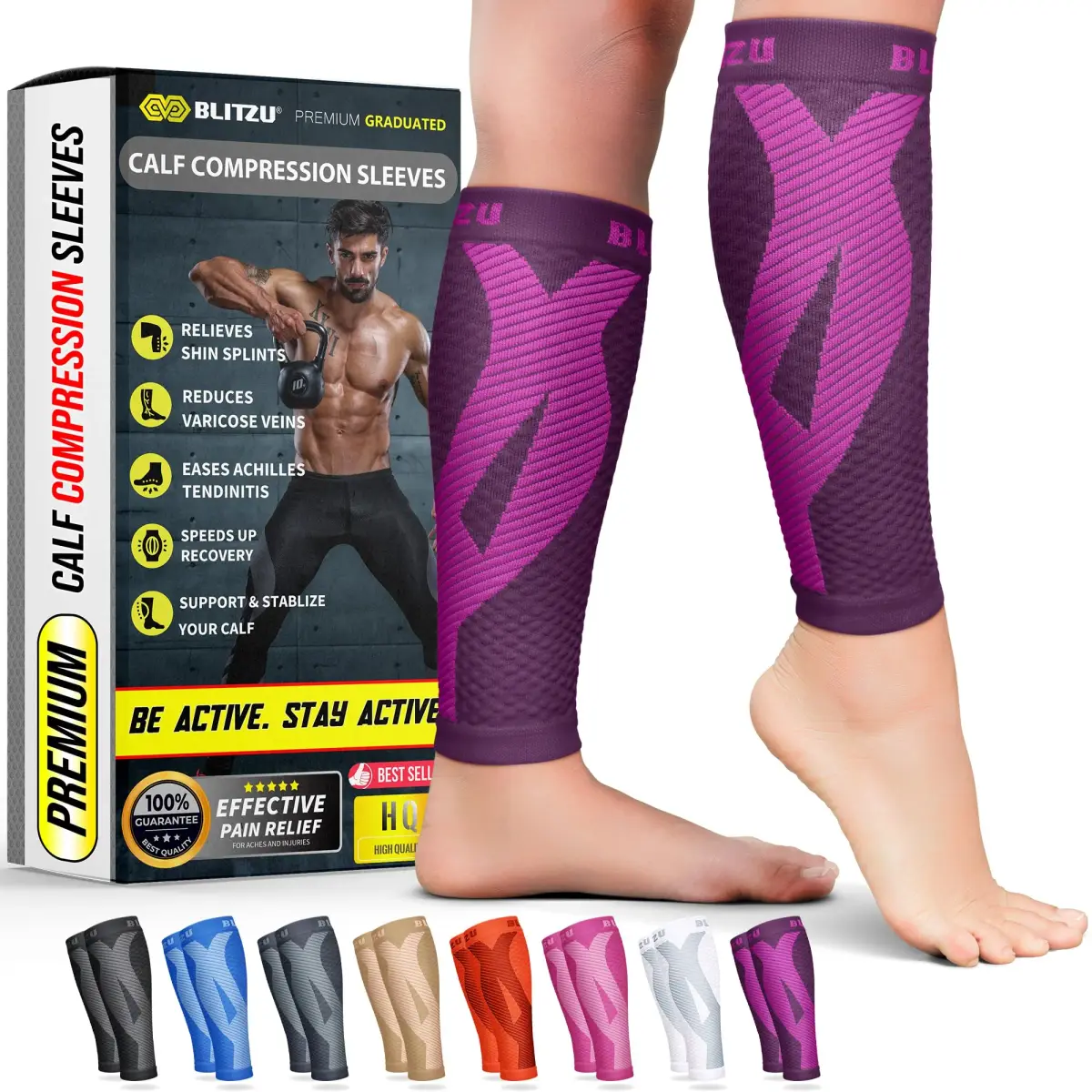 BLITZU Purple XX-Large Calf Compression Sleeves for Shin Splints & Varicose Veins - main product image