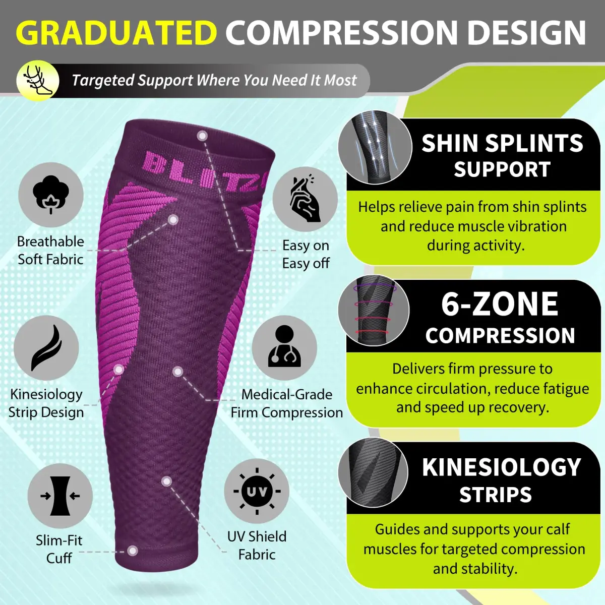 BLITZU Purple XX-Large Calf Compression Sleeves for Shin Splints & Varicose Veins - view 3