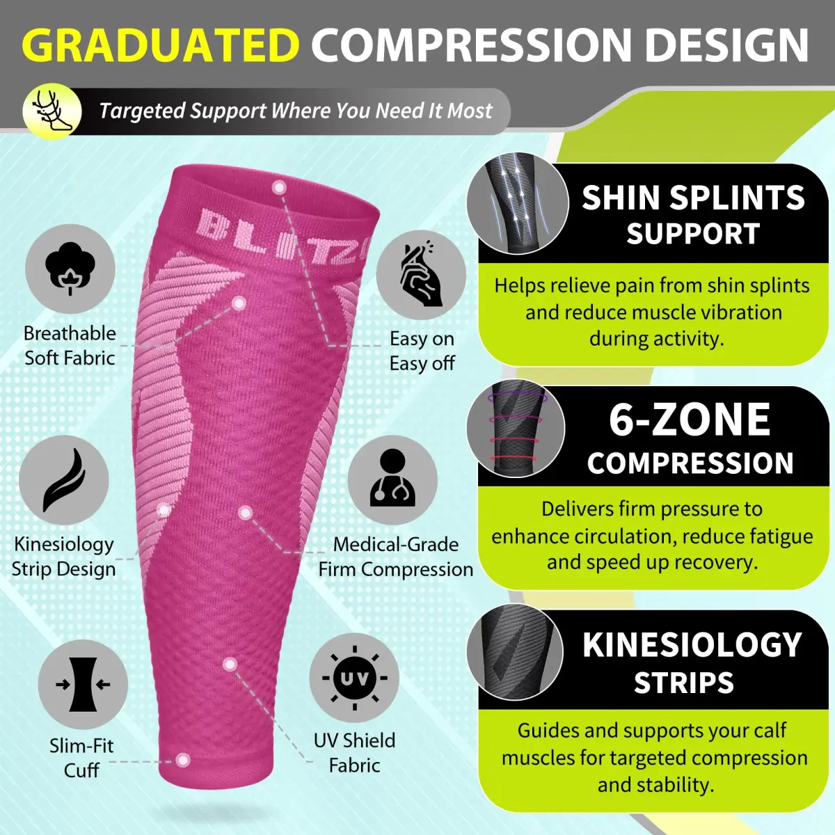 BLITZU Pink XX-Large Calf Compression Sleeves for Shin Splints & Varicose Veins - view 3