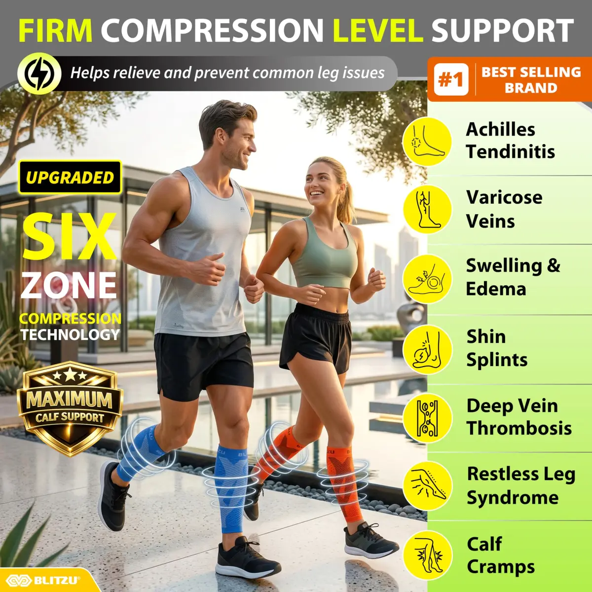 BLITZU Tangerine XX-Large Calf Compression Sleeves for Shin Splints & Varicose Veins - view 2
