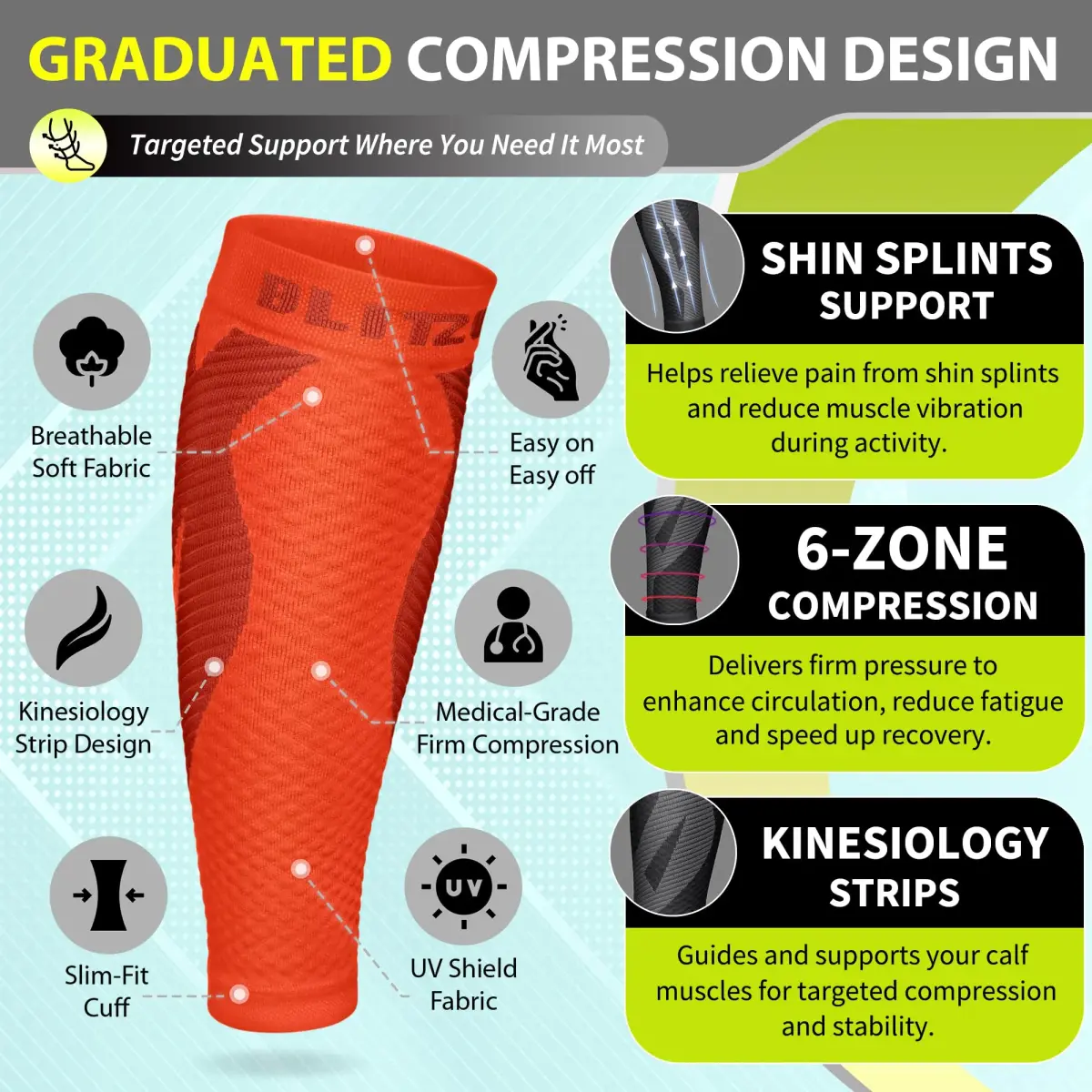 BLITZU Tangerine XX-Large Calf Compression Sleeves for Shin Splints & Varicose Veins - view 3