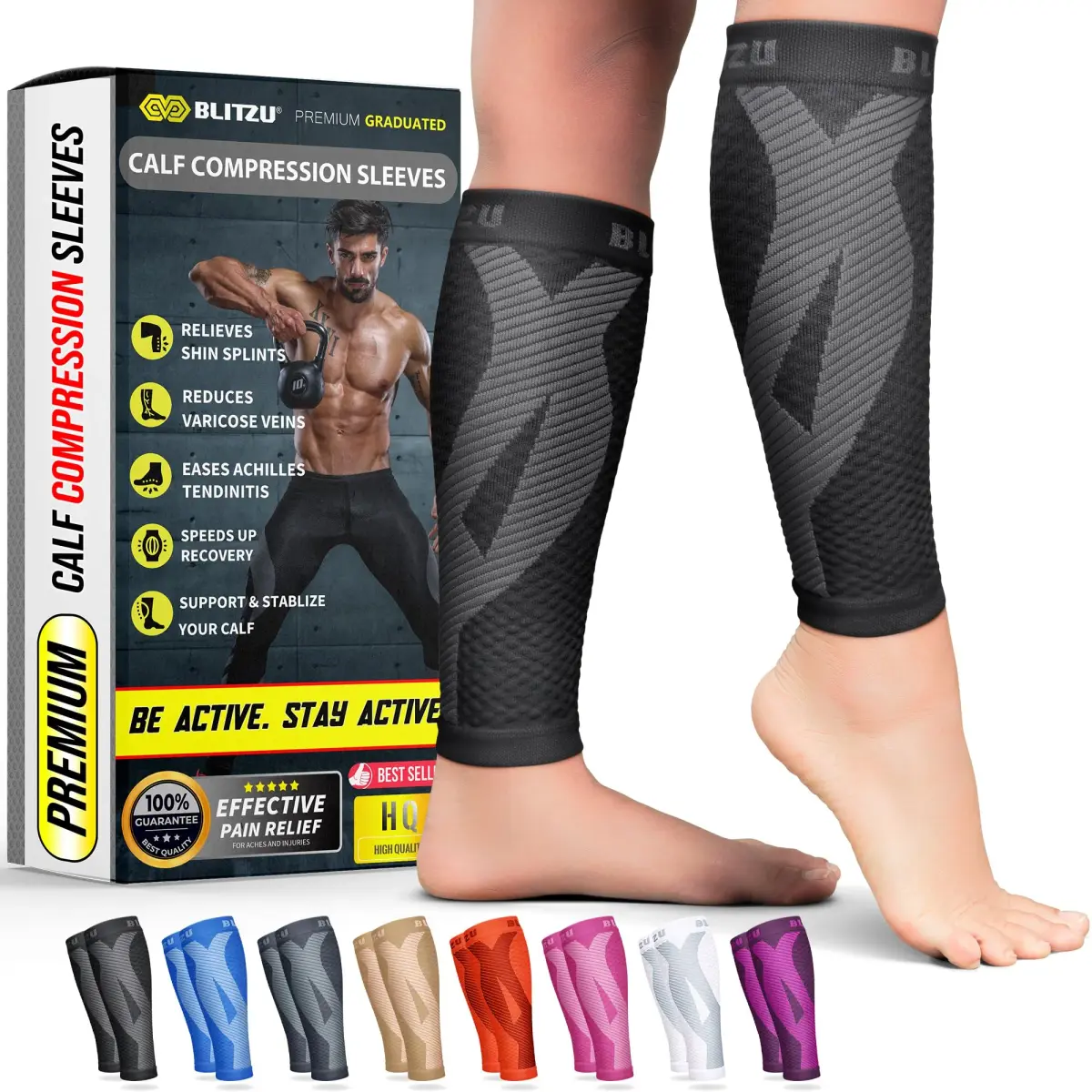 BLITZU Calf Compression Sleeves Black XX-Large | Orthopedic Brace for Shin Splints & Varicose Veins - main product image